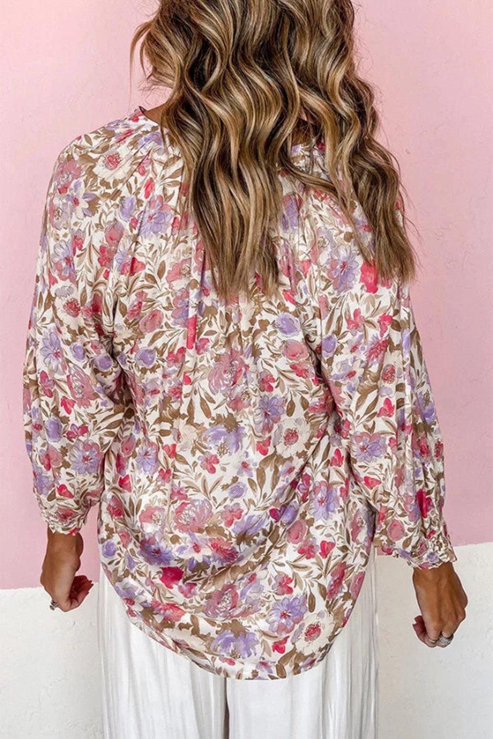 Floral Print Buttoned Puff Sleeves Shirt - L & M Kee, LLC