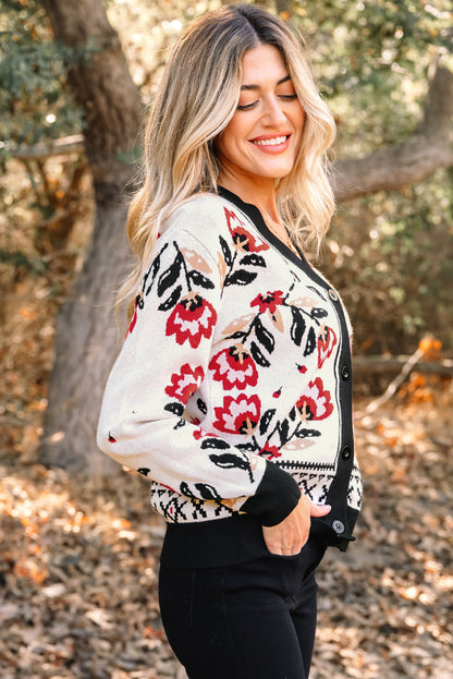 Beige Floral Print Buttoned Front V Neck Knit Cardigan