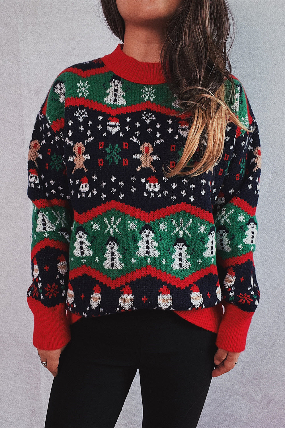 Red Christmas Father Snowman Elk Pattern Drop Shoulder Sweater