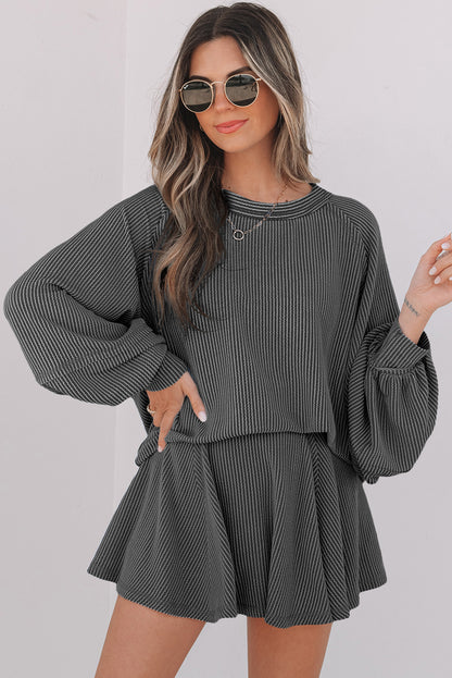 Dark Grey Corded Lantern Sleeve Top High Waist Ruffled Mini Skirt Set