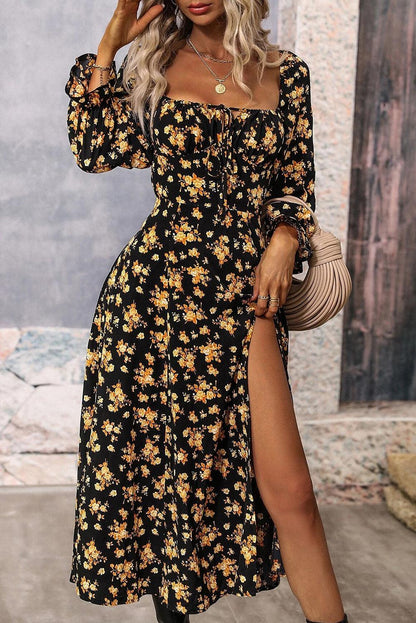 Black Floral Tie Square Neck Puff Sleeve Slit Dress - L & M Kee, LLC