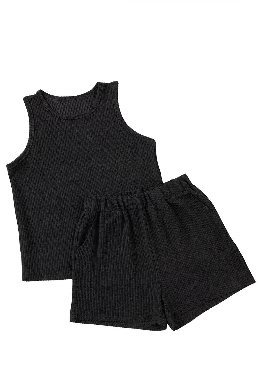 Black Corded Sleeveless Top and Pocketed Shorts Set - L & M Kee, LLC