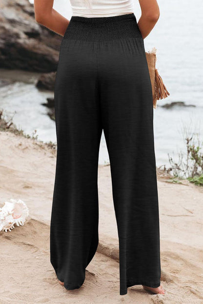 Black Shirred High Waist Plus Size Wide Leg Pants - L & M Kee, LLC