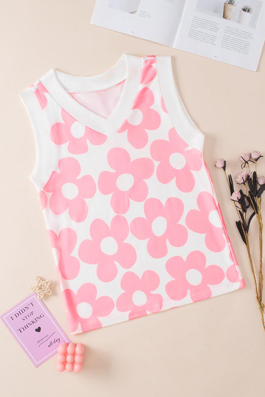 Pink Cute Flower Knitted V Neck Tank Top - L & M Kee, LLC