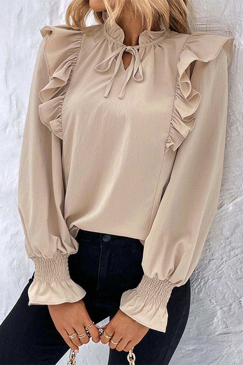 Khaki Ruffled Lace up Bubble Sleeve Blouse - L & M Kee, LLC