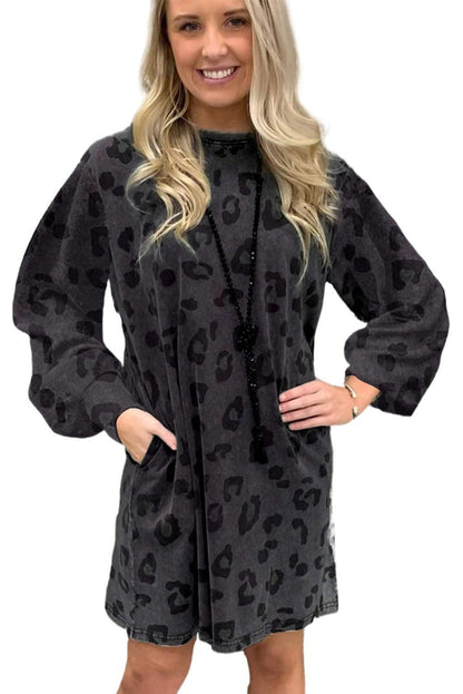 Gray Leopard Pocketed Puff Sleeve Mini Dress - L & M Kee, LLC