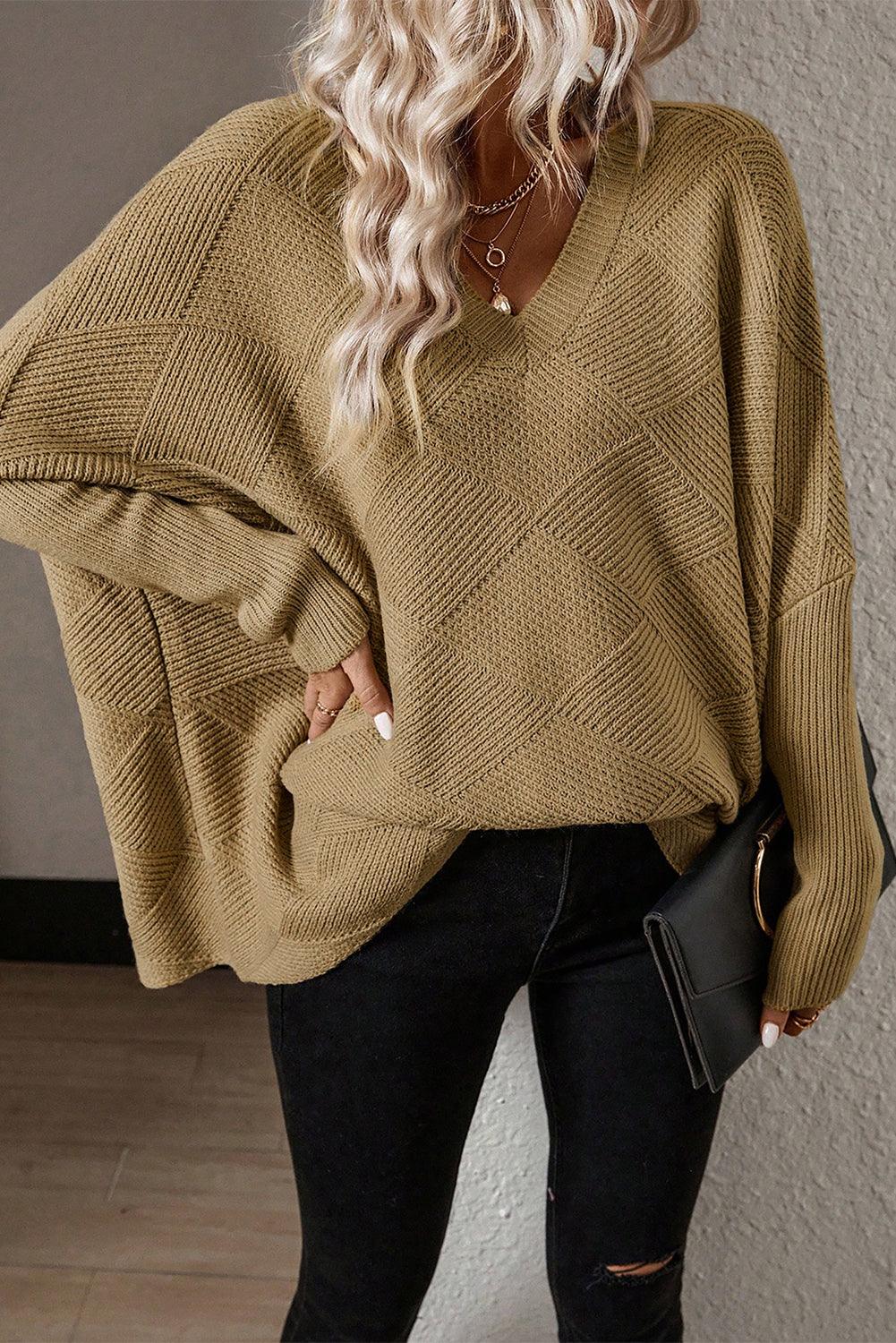 Camel Checkered Textured Batwing Sleeve Sweater - L & M Kee, LLC