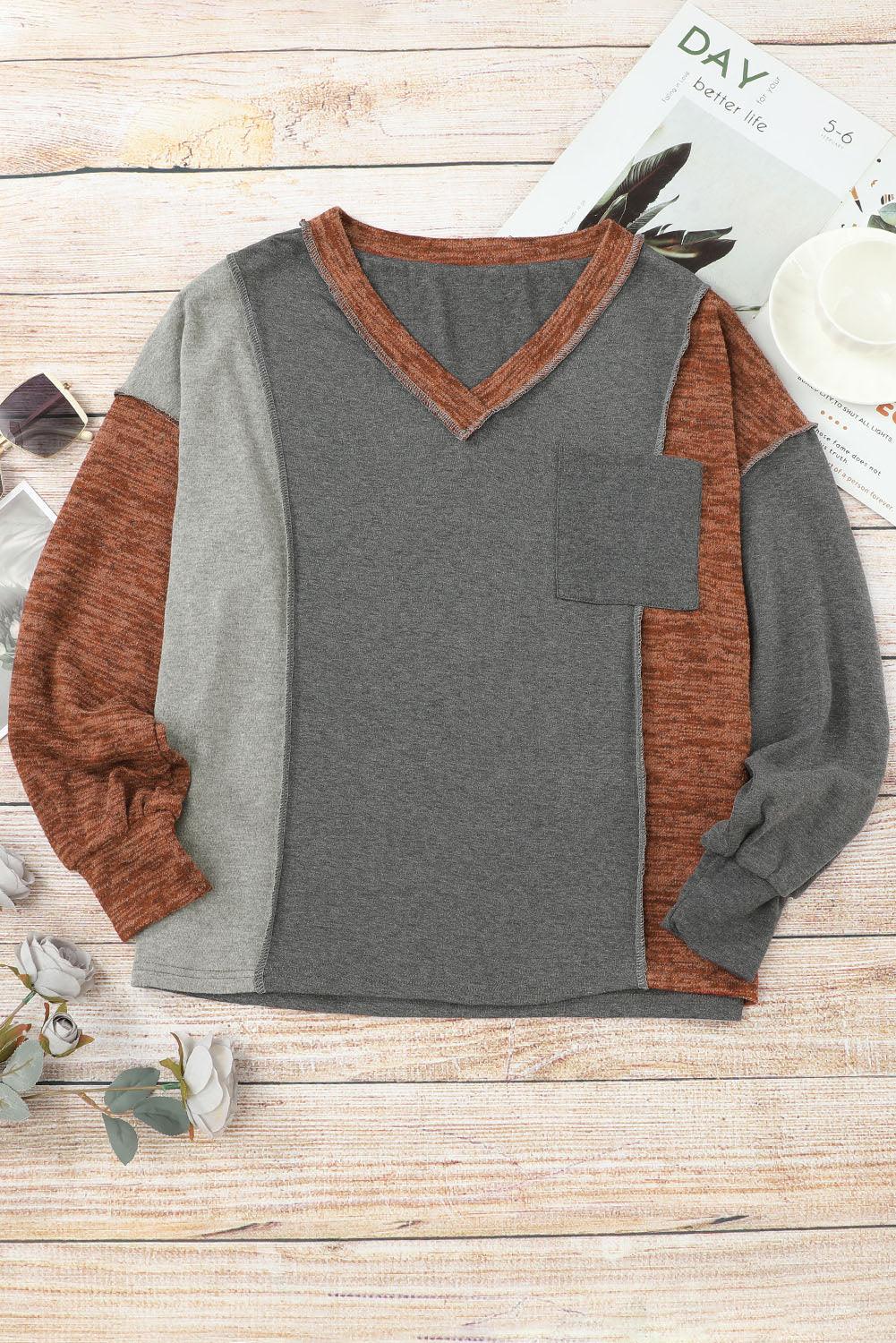 Brown V Neck Color Block Patchwork Loose Pullover - L & M Kee, LLC