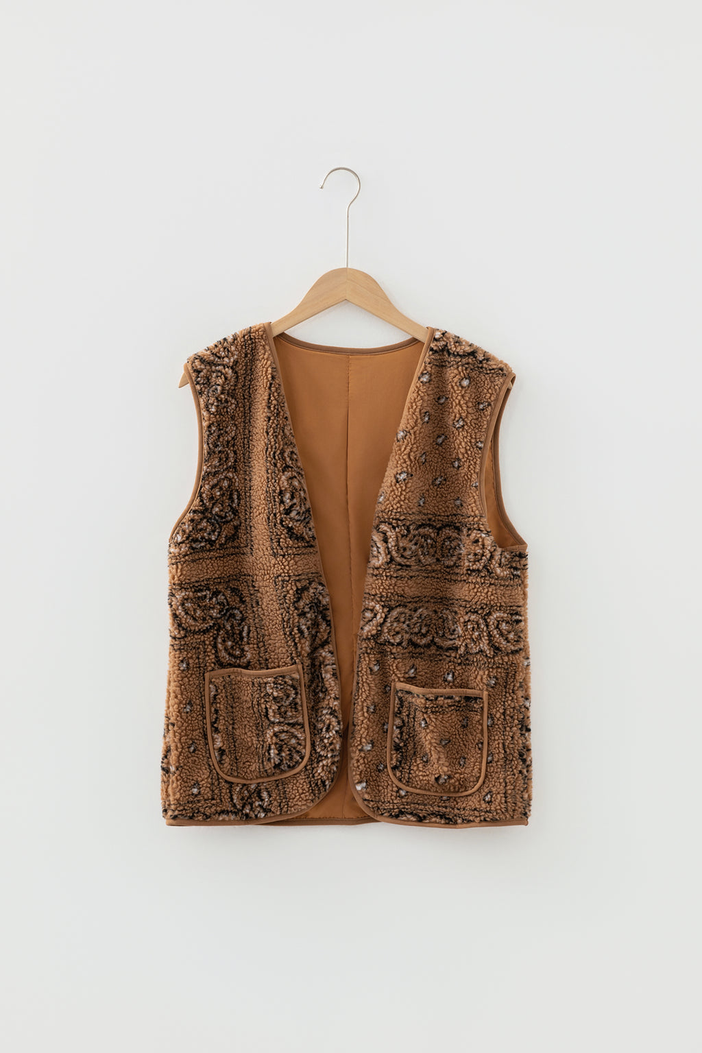 Brown Sherpa Paisley Print Pocketed Western Fashion Vest Jacket