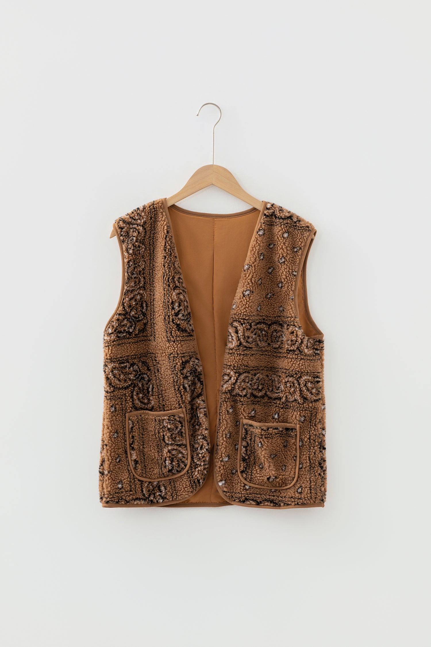 Brown Sherpa Paisley Print Pocketed Western Fashion Vest Jacket
