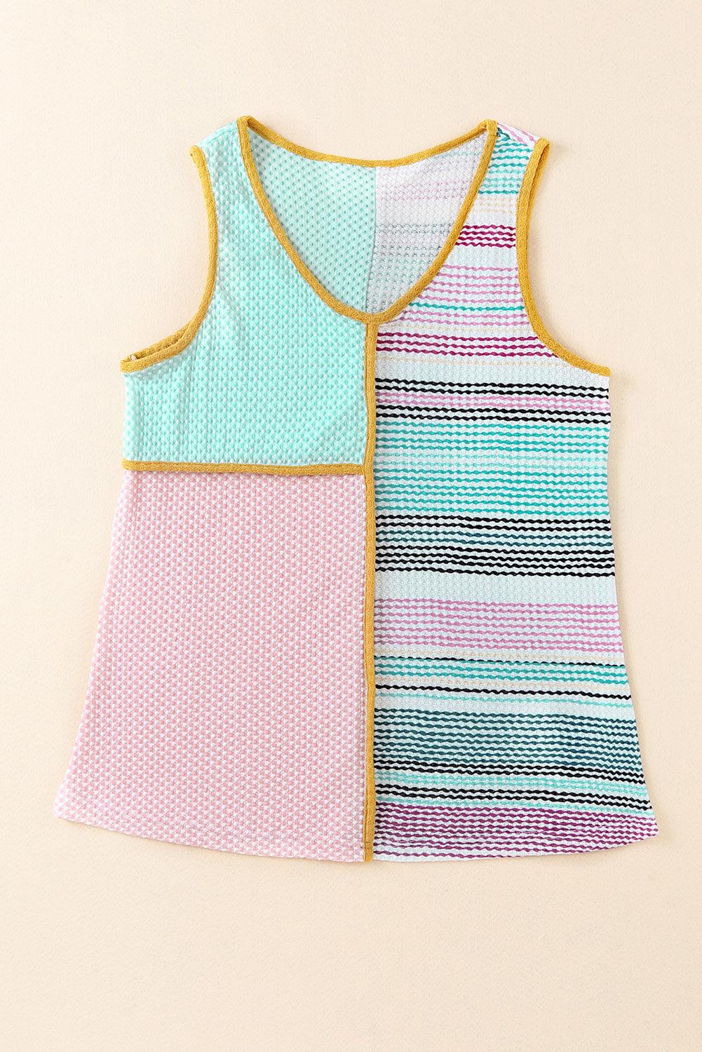 Multicolor Contrast Trim Color Block V Neck Tank Top - L & M Kee, LLC