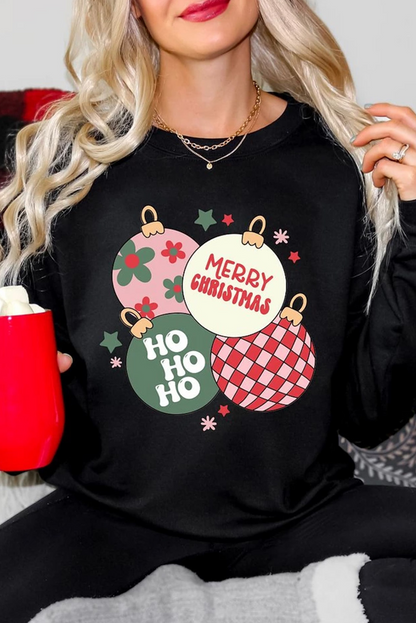 Black Floral Letter Christmas Ball Printed Crewneck Pullover Sweatshirt