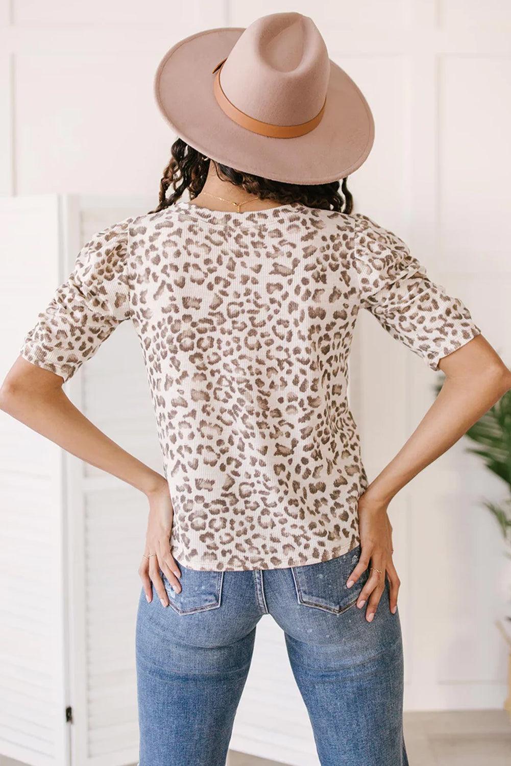 Multicolour Textured Leopard Print Ruched Sleeve T Shirt - L & M Kee, LLC