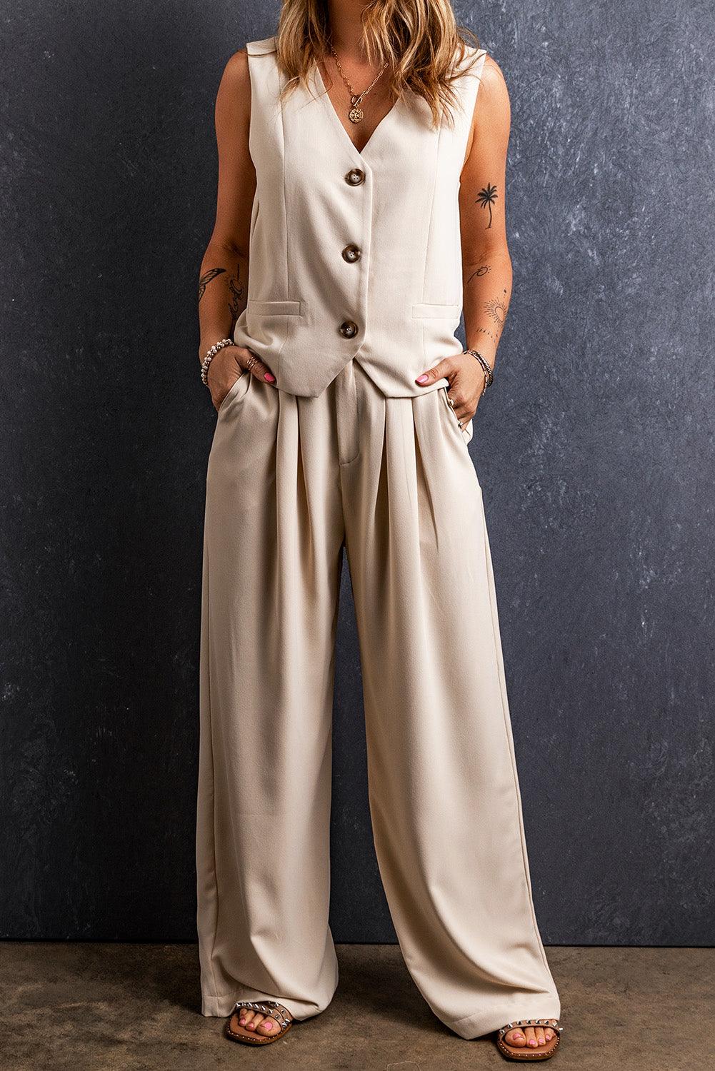 Apricot Elastic Waist Pleated Wide Leg Pants - L & M Kee, LLC