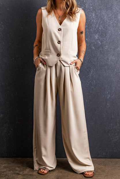 Apricot Elastic Waist Pleated Wide Leg Pants - L & M Kee, LLC