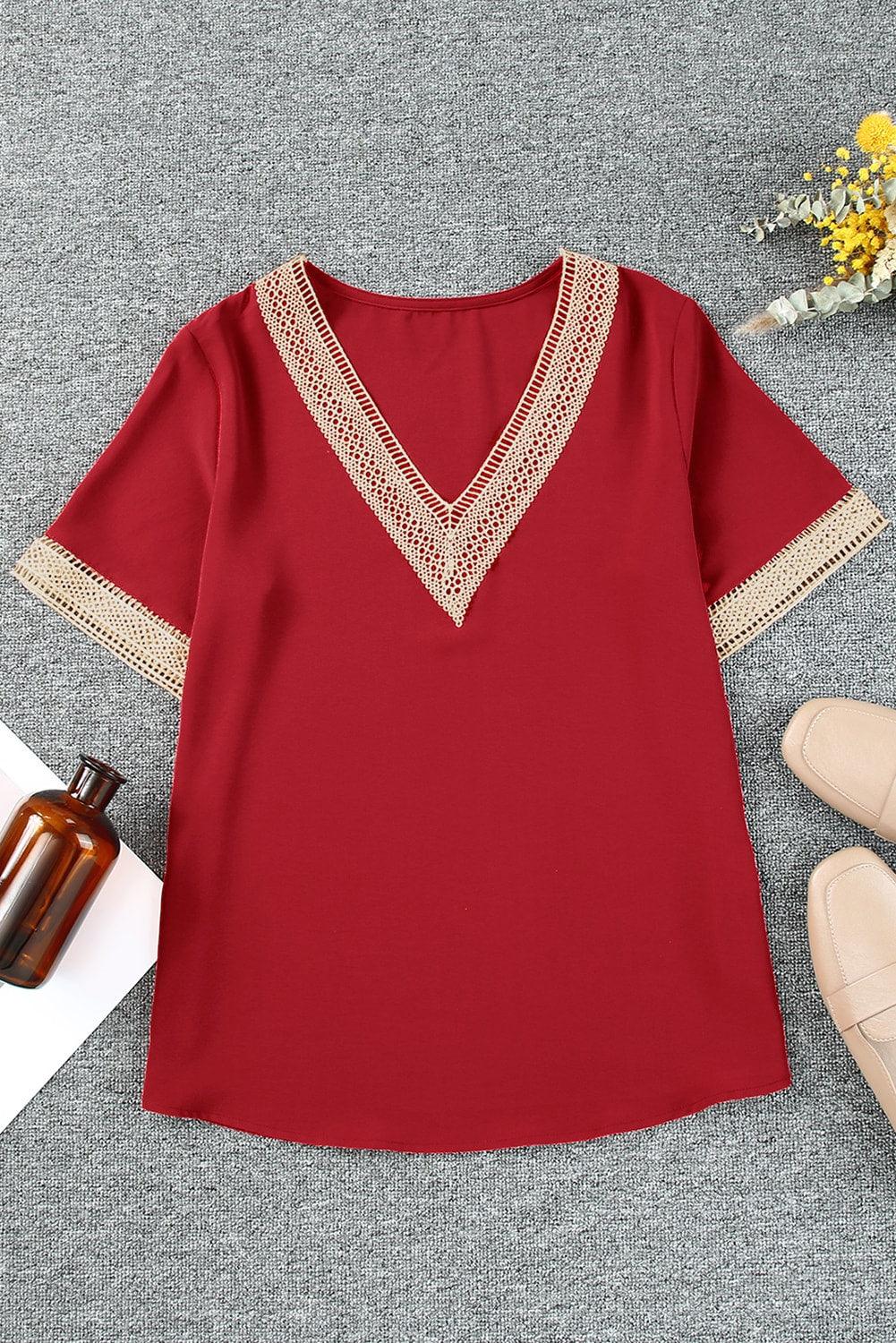 Lace Trim V Neck Short Sleeve Blouse - L & M Kee, LLC