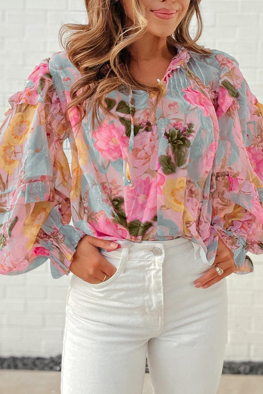 Floral Print Tassel Tie Short Sleeve Blouse - L & M Kee, LLC