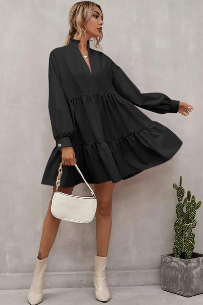 Black Frilled Stand Collar Long Sleeve Ruffle Dress - L & M Kee, LLC