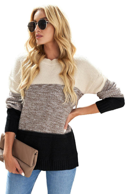 Gray Color Block Netted Texture Pullover Sweater - L & M Kee, LLC