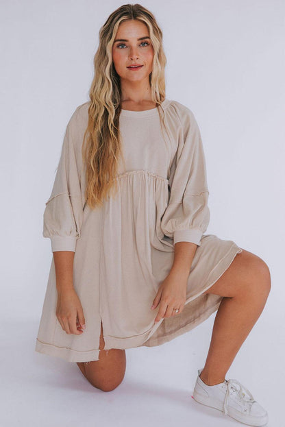 Oatmeal 3/4 Sleeves High Waist Slits Mini Dress - L & M Kee, LLC