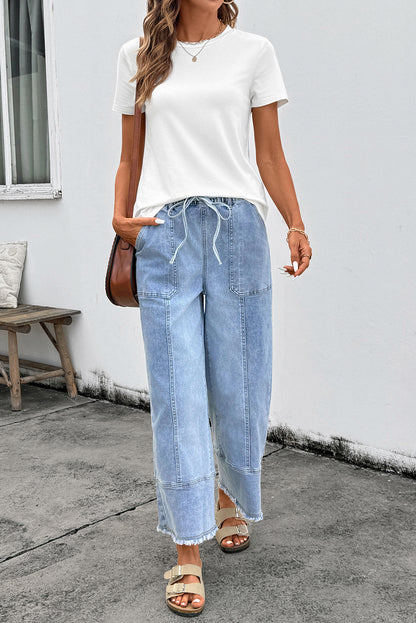 Gray Drawstring Seam Detail Raw Hem Wide Leg Denim Pants