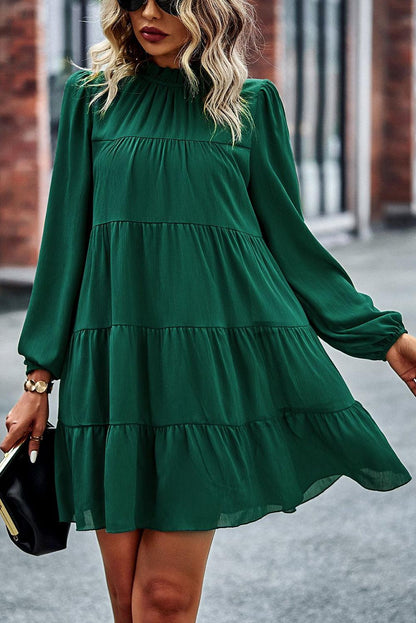 Green Puff Sleeve Mock Neck Back Knot Tiered Dress - L & M Kee, LLC