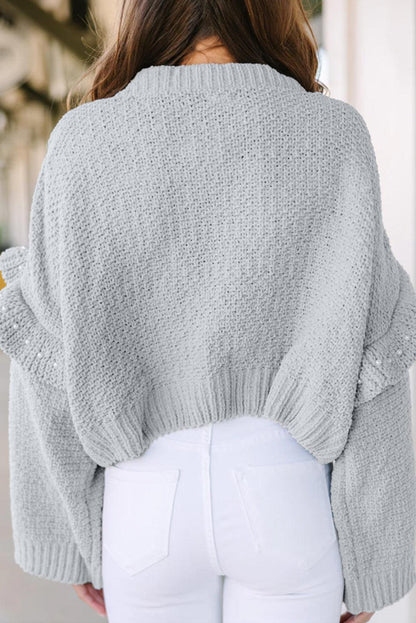 Gray Pearl Embellished Ruffle Wide Sleeve Sweater - L & M Kee, LLC