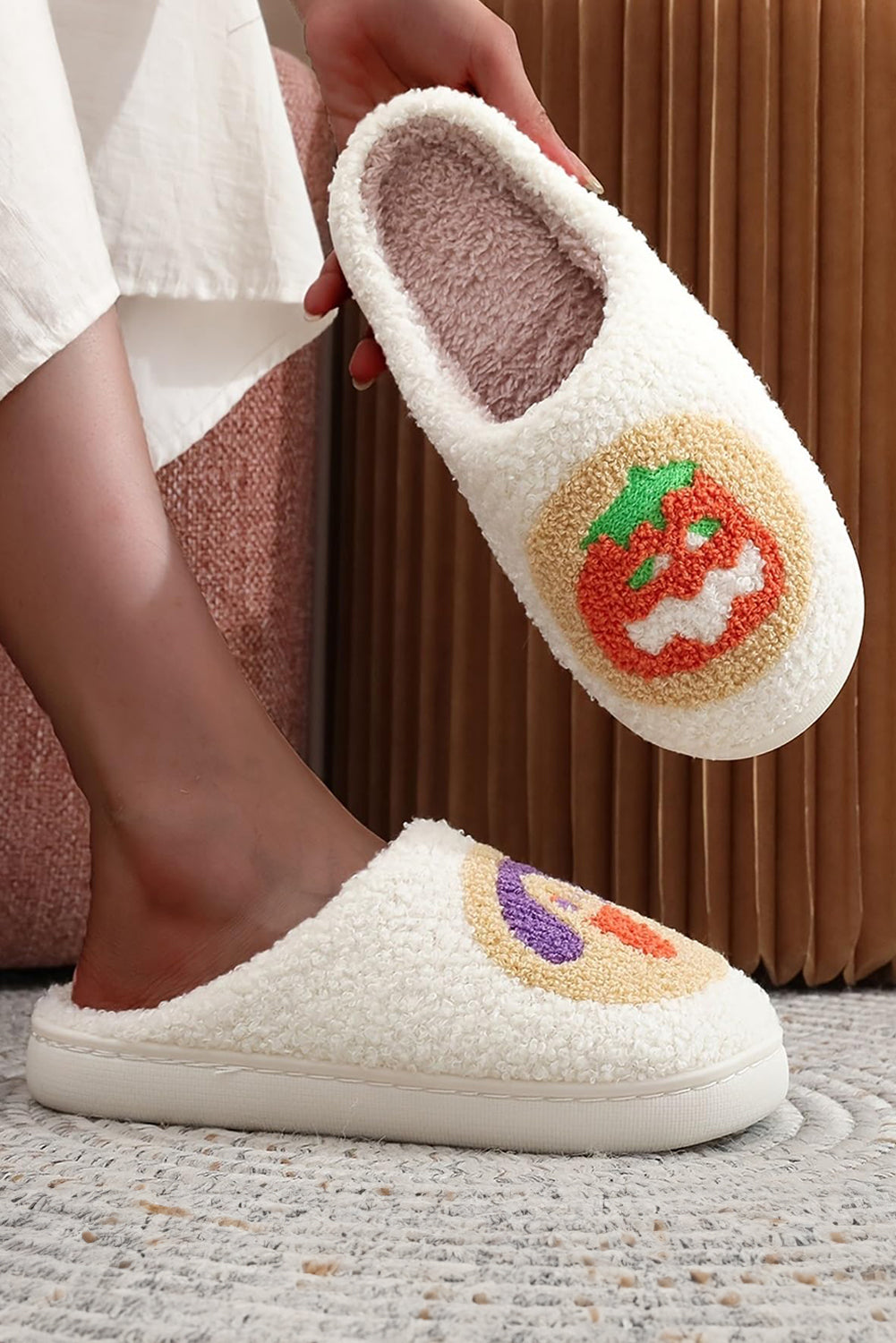 White Halloween Pumpkin Plush Winter Home Slippers