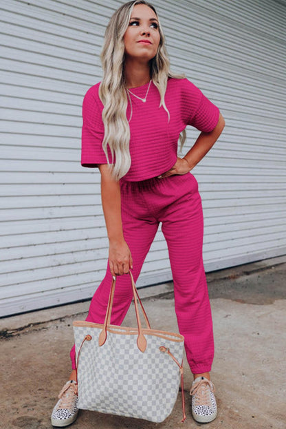 Rose Red Lattice Textured Cropped Tee and Jogger Pants Set - L & M Kee, LLC