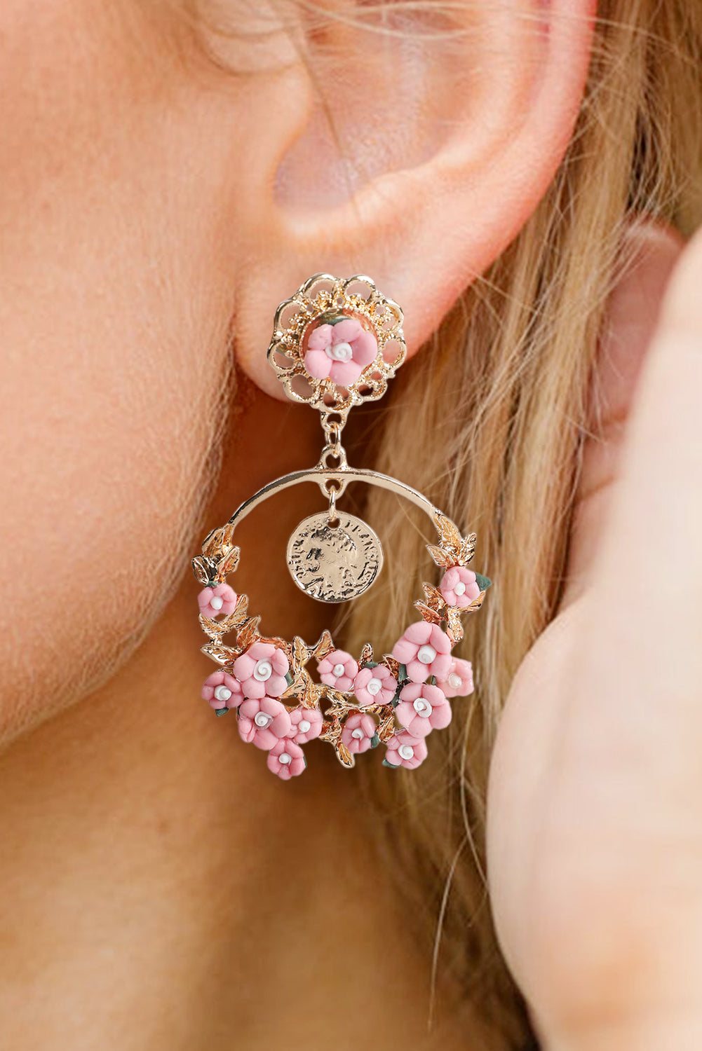 Pink Flower Decor Cut Out Stud Dangle Earrings