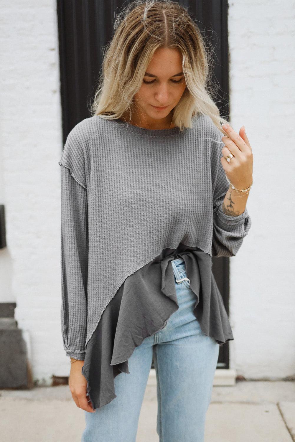 Medium Grey Waffle Long Sleeve Ruffled Patchwork Top - L & M Kee, LLC