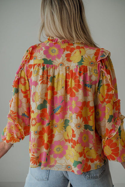 Multicolor Stand Collar Flutter Sleeves Floral Top