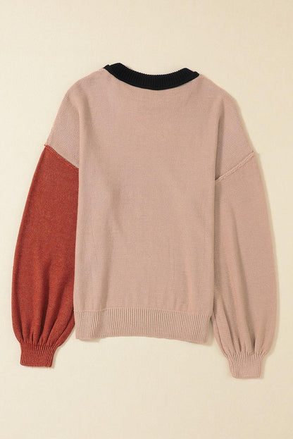 Coffee Colorblock Bishop Sleeve Ribbed Trim Sweater - L & M Kee, LLC