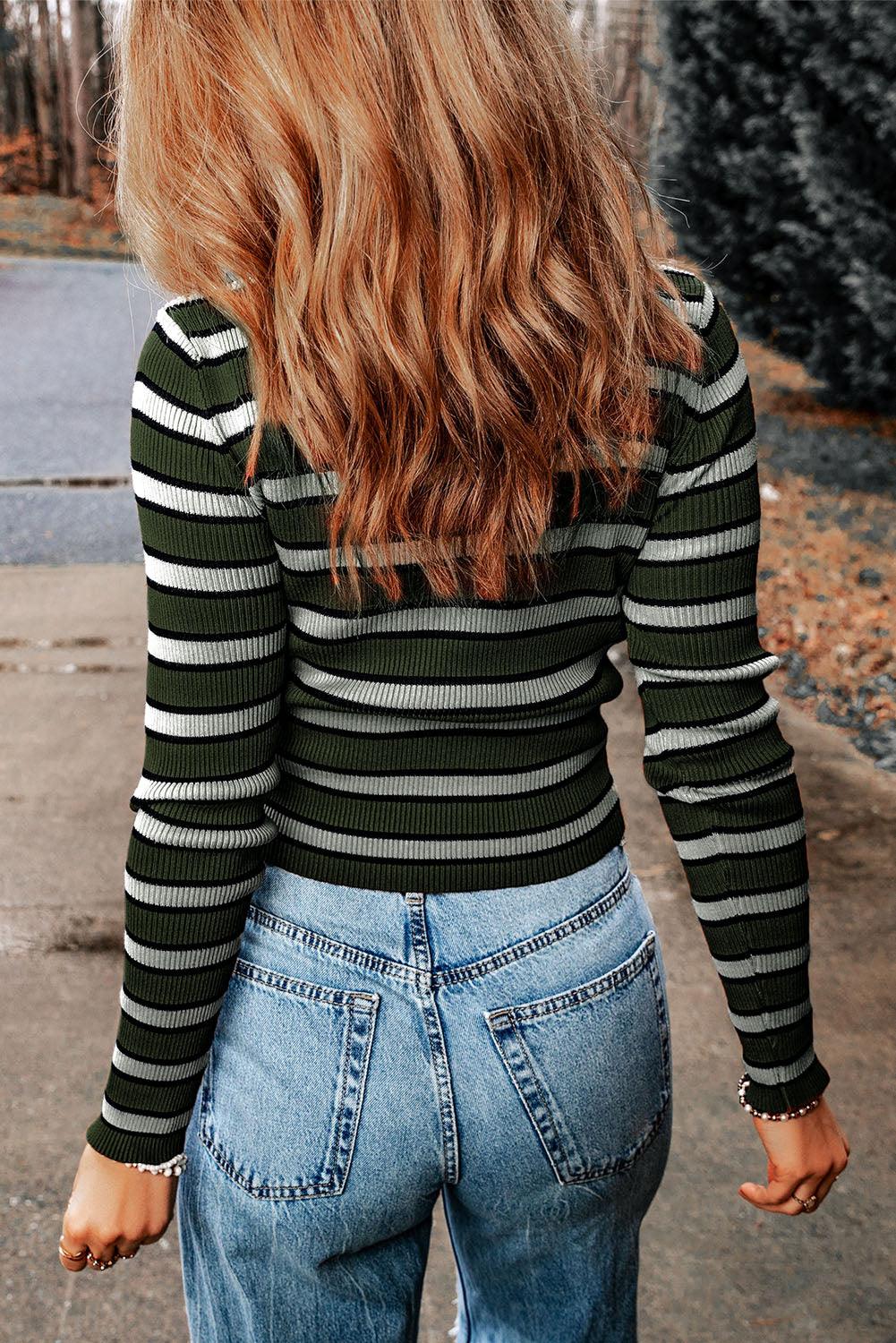Green Striped Print Ribbed Knit Slim Fit Top - L & M Kee, LLC