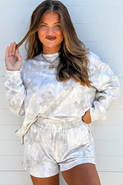 Beige Camo Print Pullover Top and Elastic Waist Casual Short Set