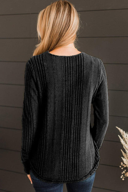 Black V Neck Buttoned Ribbed Knit Top - L & M Kee, LLC