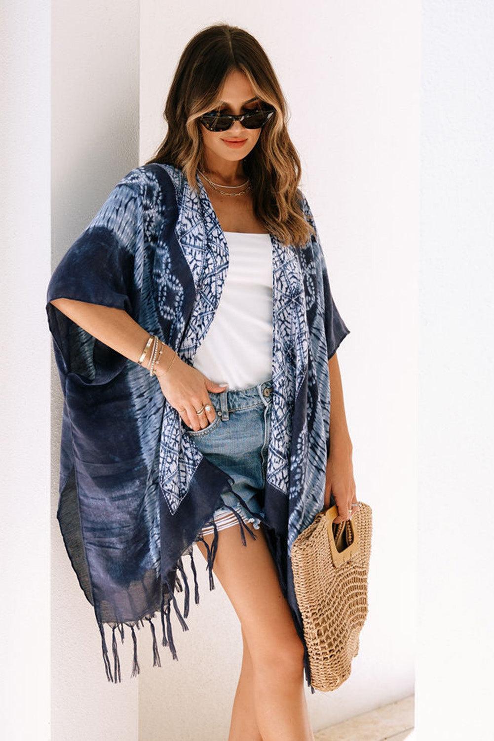 Blue Tie Dye Short Sleeves Tassels Kimono - L & M Kee, LLC