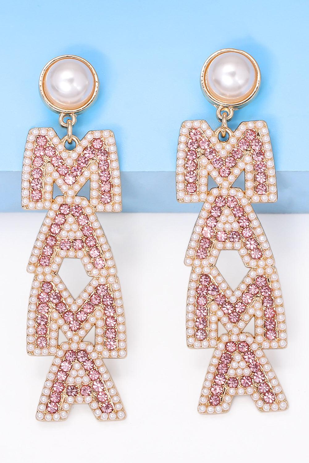 Apricot Pink MAMA Rhinestone Pearl Dangle Stud Earrings - L & M Kee, LLC