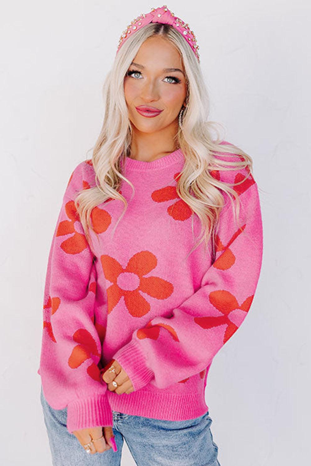 Rose Big Flower Knit Ribbed Trim Sweater - L & M Kee, LLC