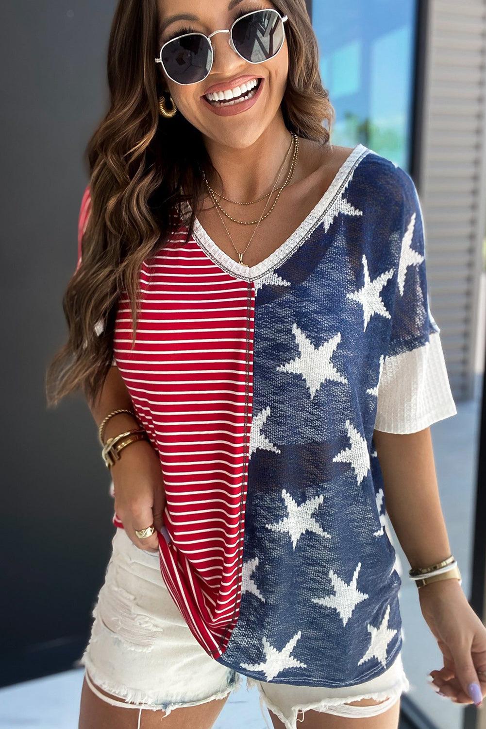 Multicolor Stripes Stars Print Knit Short Sleeves Top - L & M Kee, LLC