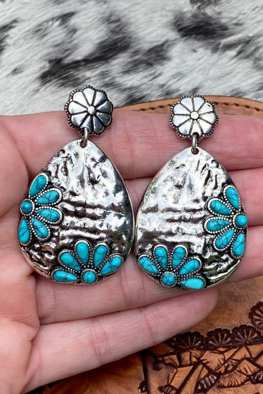 Silvery Western Turquoise Flower Studded Drop Earrings
