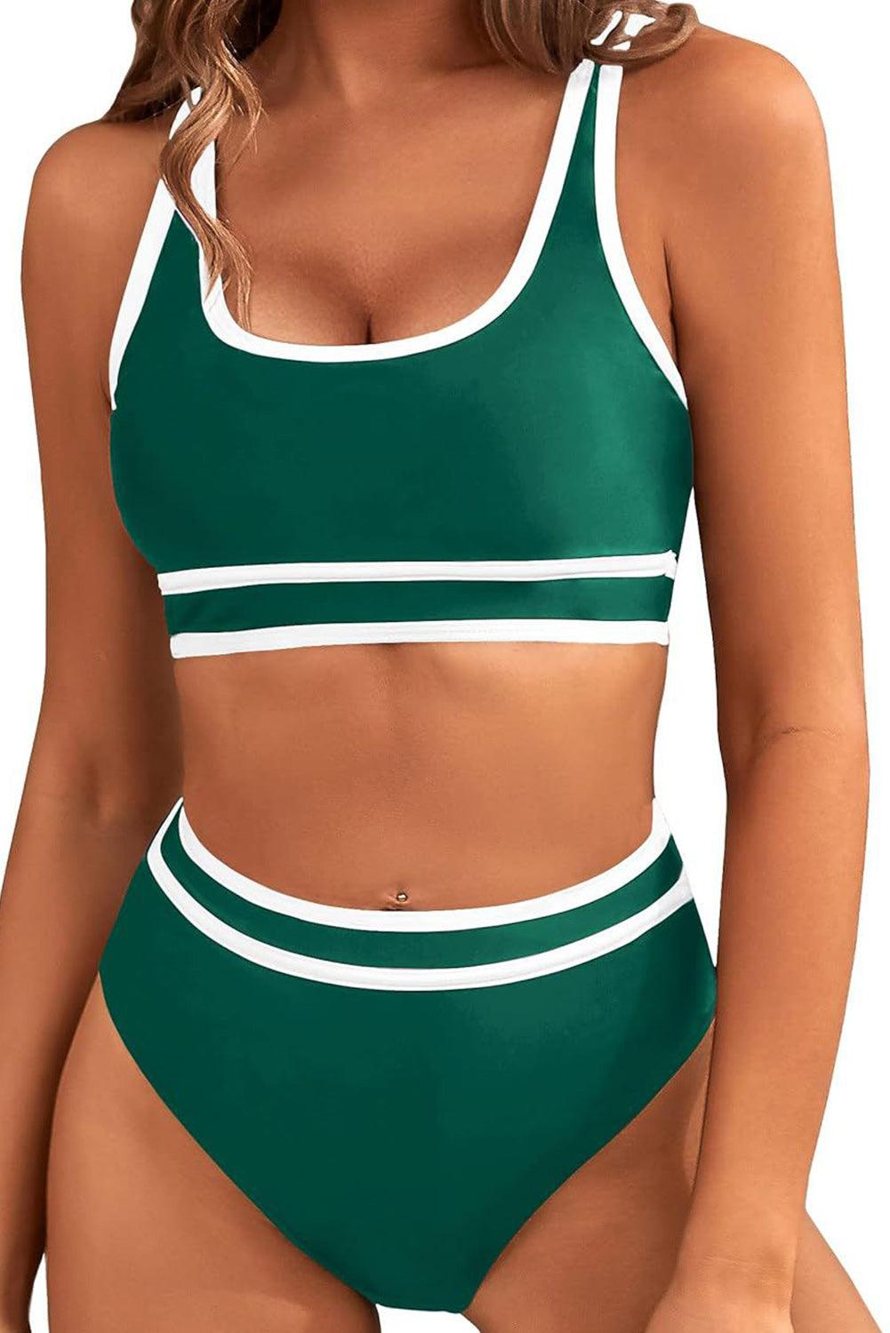 Dark Green Contrast Trimmed U Neck High Waist Bikini - L & M Kee, LLC