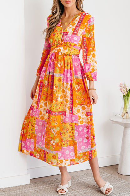 Orange Floral Patchwork Print Cut out Tied Back Bracelet Sleeve Maxi Dress