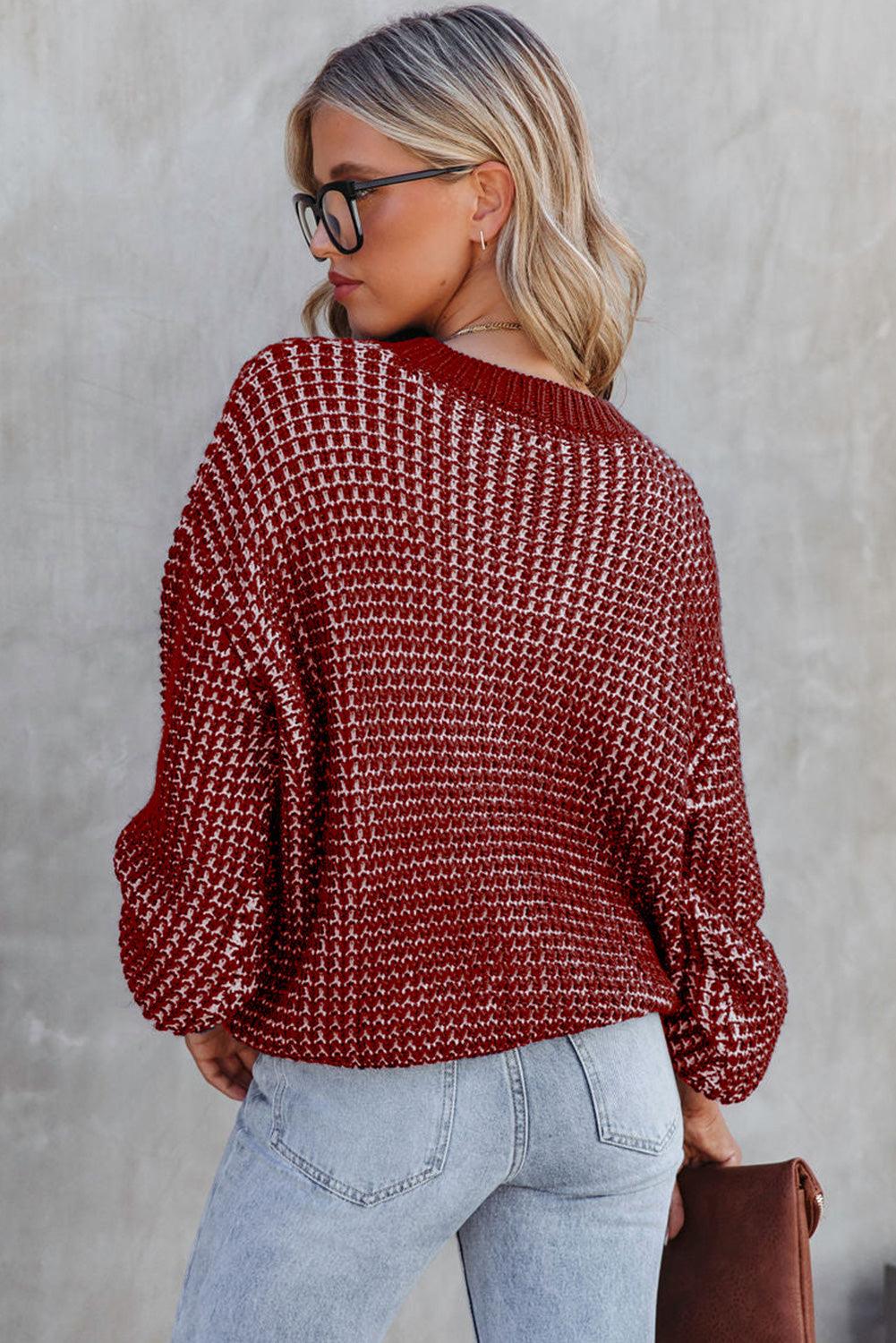 Red Heathered Knit Drop Shoulder Puff Sleeve Sweater - L & M Kee, LLC