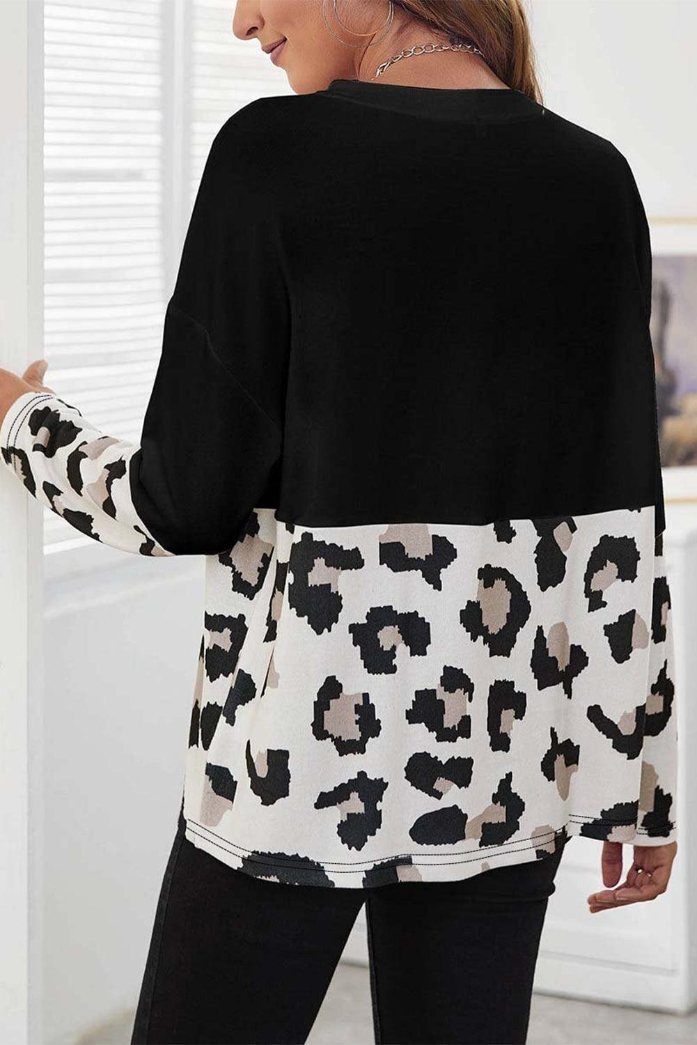 Black Leopard Color Block Long Sleeve Top - L & M Kee, LLC