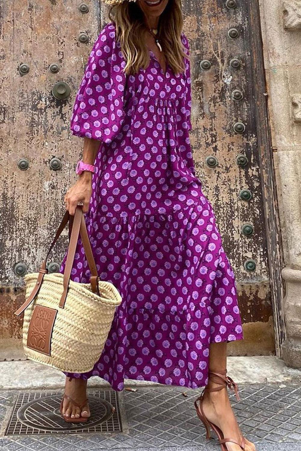 Purple Boho Printed Puff Sleeve Maxi Dress - L & M Kee, LLC