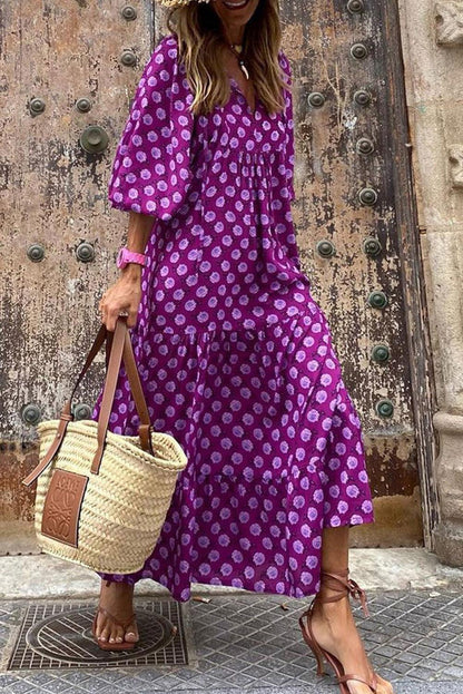 Purple Boho Printed Puff Sleeve Maxi Dress - L & M Kee, LLC