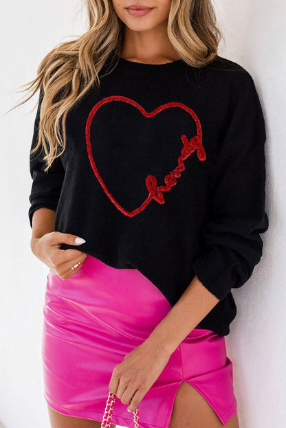 Black Howdy Heart Graphic Round Neck Casual Sweater - L & M Kee, LLC