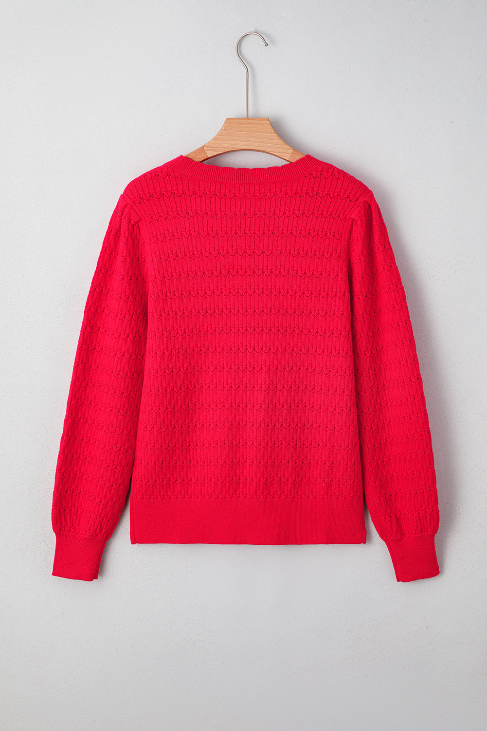 Fiery Red Trendy Pattern Knit Ribbed Cuffs Crew Neck Sweater