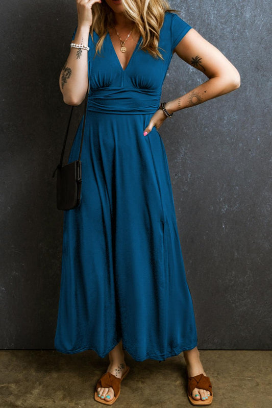 Peacock Blue Short Sleeve Shirred High Waist V Neck Maxi Dress - L & M Kee, LLC